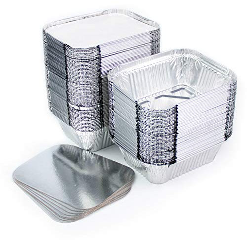 Lote de 100 bandejas de aluminio desechables con tapa para transportar alimentos, congelar, cocinar (250 ml)