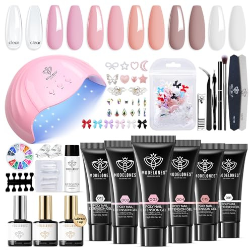 Modelones Poly Extension Gel Nail Kit - 6 färger med 48W nagelljus nagellampa Slip Solution Rhinestones Glitter allt i ett kit för nagelmanikyr Nybörjare startpaket DIY hemma