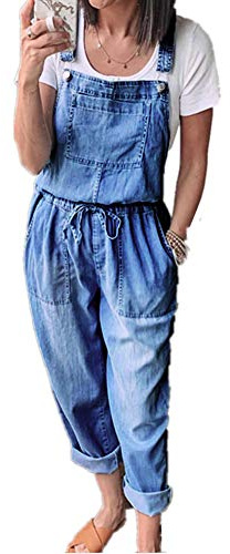Ouduo Women Loose Fit Denim Dungarees, Casual Sleeveless Overalls Jumpsuit Playsuit Jeans Trousers Suspender Playsuit Bib Pants Plus Size Wide Leg Pockets (L,Navy Blue)