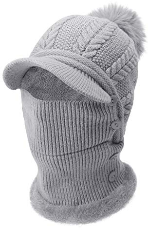 JINTN Wintermütze Schal Mundschutz Set 3 in 1 Strickmütze mit Krempe Winter Warme Beanie Mütze mit Bommel Fleecefutter Mütze Schlauchschal Outdoor Ski Snowboard Warme Winterschal für Erwachsene