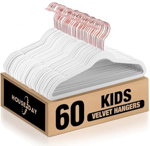 HOUSE DAY 60 Stück Kinder kleiderbügel Samt（35.5cm breit）— Weiß Kinderkleiderbügel Samt Kinder Kleiderbügel rutschfest Kleiderbügel Platzsparend mit drehbarer Haken für 3-15 Jahre