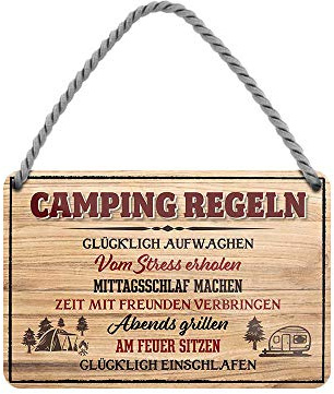 helges-shop Camping Regeln - witziges Retro Deko Metallschild mit Kordel und Saugnapf - Dekoration Wohnwagen Wohnmobil Camper Caravan Campingwagen Reisemobil - Geschenkidee für Camper - 18x12cm