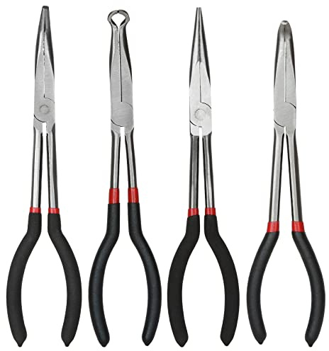 DIRBUY Long Needle Nose Pliers Set, 4 in 1 Bent Needle Nose Pliers 90 Degree, 11 inch Spark Plug Wire Removal Tool, Pointy Nose Pliers, Pinch Nose Pliers, Snipe Nose Pliers, Curved Nose Pliers
