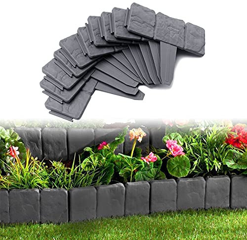 UISEBRT 20 Pcs Bordure de Jardin 5 m Bordure de Pelouse en Plastique Effet Pierre Flexible Bordure de Gazon pour Jardin, 25 x 23 cm, Anthracite