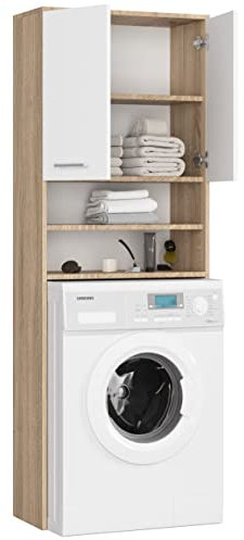 BDW Armadietto per lavatrice, 180 x 64 x 30 cm, bagno alto, mobiletto da bagno, armadio, bagno, lavatrice, rovere Sonoma/bianco