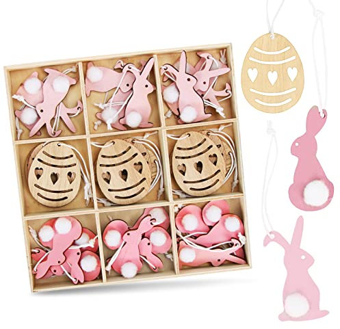 Coniglietti Pasquali in Legno da Appendere, 24 Coniglio Pasquale Decorazioni e 12 Uova Pasquali in Una Scatola di Legno, Pendente Pasquale in Legno, Decorazioni Pasquali da Appendere