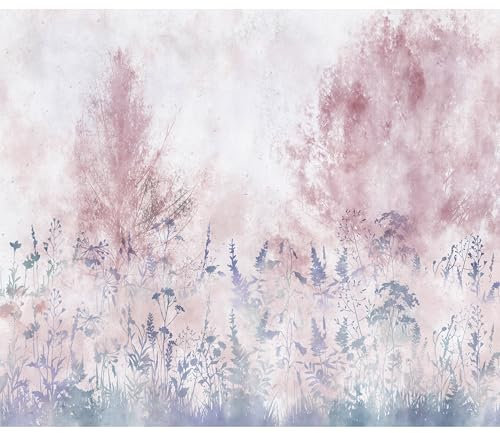 murando Fototapete selbstklebend Betonoptik 343x256cm Foto Tapete Tapetenfolie Möbelfolie Wandverkleidung Wandtapete Motivtapeten Bildtapete Wohnzimmer 3d Effekt Wiese Blumen Gras rosa blau Natur