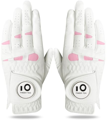 LOVMEAD Golfhandschuhe für Damen mit Ballmarker für Linke und rechte Hand, Cabretta-Leder im Paar, Damen-Golf-Handschuh, Regen-Griff, Allwetter-weich, bequem, flexibel (Rosa, L)