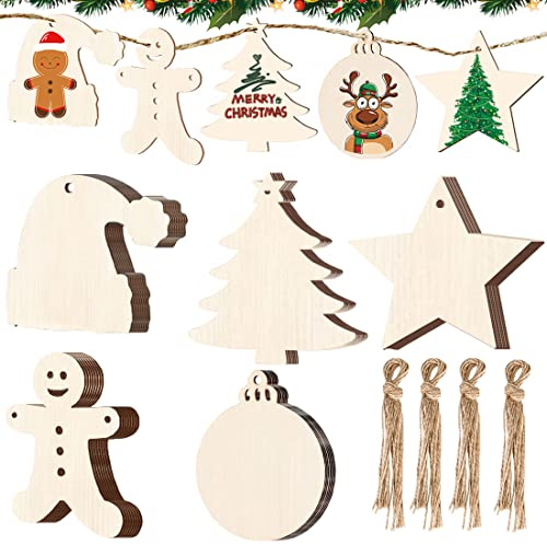 40 Stück DIY Weihnachtsdekoration Holz, Geschenkanhänger, Schneeflocken zum Bemalen, Basteln, Tannenschmuck, Baumschmuck