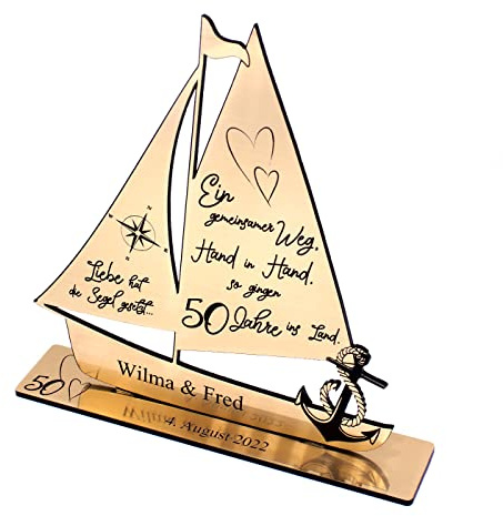 DEKOLANDO Segelboot aus Kunststoff – Geschenk zur Goldenen Hochzeit – personalisiert mit Namen & Datum – 50 Jahre Ehe – Maritime Deko mit Gravur