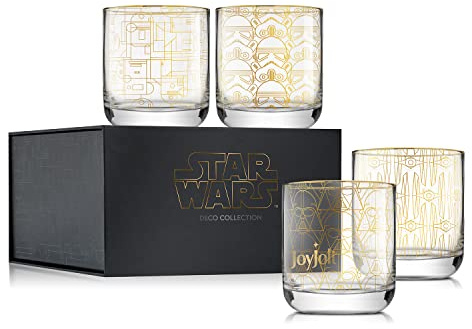 JoyJolt Star Wars Glassware. 'Deco' Lowball Glasses Set of 4, 10oz Star Wars Glasses. Short Tumbler with Darth Vader in Retro Crystal Glass Cup. Double Old Fashioned Rocks or Water Glass