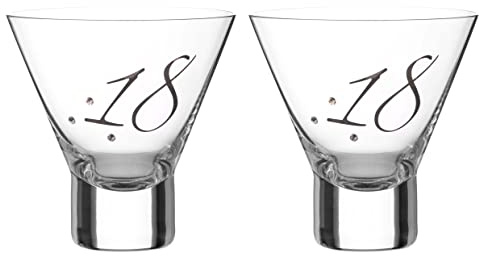 DIAMANTE 18th Birthday Stemless Martini Cocktail Glasses with Platinum – Set of Two Glasses with a Platinum Embossed “18” - Embellished with Crystals 240ml