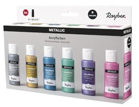 Rayher Acrylfarben-Set Metallic, 6 Farben à 60 ml (rosa, violett, blau, grün, silber, gold), für Einsteiger und Profikünstler, für viele Untergründe geeignet, wasserbasierend, 35059000