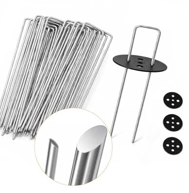 JARDIN202 - Grapas Piquetas de Jardín 150x30mm Acero Galvanizado, Clavos en U de 3mm con Arandelas para Malla Antihierbas, Césped Artificial, Mangueras y Piquetas Camping en Pack | 100 unidades