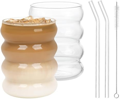 Winter Shore Vaso y Pajita de Cristal de 410 ml [Pack de 2] - Vasos Cristal con Forma Burbuja Donut para Beber Café Helado, Té, Cerveza, Refrescos, Agua - Sin BPA - Cepillo de Limpieza de la Pajita