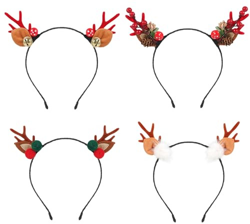 Hifot 4 Pièces Serre Tete Noel en Forme de Bois de Renne, Bandeaux de Noël Serre Tete Renne Noel Adulte Enfant, Bandeaux de Noël Accessoire Cheveux Noel Accessoire Noel Femme Fille pour Fête