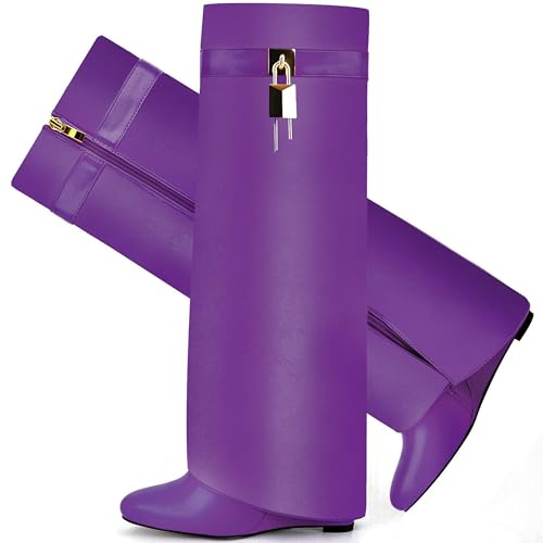 CDHYX Stivali pieghevoli da donna a punta con zeppa e tacco a zeppa al ginocchio con cerniera laterale design lucchetto, Viola, 43 EU