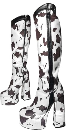 blingqueen Damen Stiefel Plateau Blockabsatz Knee High Boots Westernstiefel Kuhmuster Schwarz Weiß 38 EU