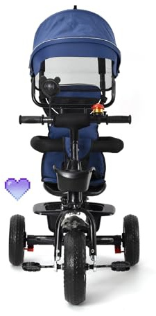 Tricycle Enfant de 9 Mois jusqu'à 25 kg, Porte-gobelet,avec Tige de Poussée Réglable en Hauteur, Siège Rotatif d'avant en Arrière, Auvent Rabattable,4 en 1 (Bleu foncé)