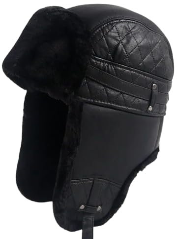 bomhys Russische Mütze Winter Warme Leder Pilotenmütze Sowjetische Russische Uschanka Faxu Pelzmützen Ohrenklappen Bombermütze Männer Schwarze Schneemützen,Schwarz,59-60Cm