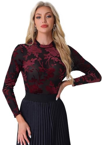 Allegra K Blouse en Velours Femme Imprimé Floral Haut en Maille Chemisier à Col Montant Pull élastique à Fleurs Haut à Manches Longues Demi-Transparents Noir Rouge L