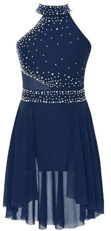 LiiYii Mädchen Eiskunstlauf Kleid Glitzer Ballettkleid Neckholder Rollschuhkleid Eislaufkleid Lyrisch Tanzkleid Wettbewerb Bühnenauftritt Marine Blau 134-140