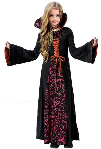 Clundoo Vampyrklänning, vampyrdräkt, flicka, halloweenkostym, med halsband och hårnål, gotisk vampyrflicka, prinsessdrottning, kostym för halloween, karneval, fest, cosplay (130)