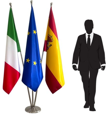 Bandiere Europa, Spagna e Italia con aste e base. Bandiere per ufficio. Base 3kg. Bandiere in raso. Qualità PREMIUM ! Codice CN4-EU-IT-ES