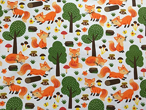 50x160cm fester Fuchs Baumwollstoff - Jungen Kinderstoff mit Tiere - feste Stoffe zum Nähen für Kinder & Baby - Waldtiere Stoff aus 100% Baumwolle gemustert mit Füchse - keine Meterware
