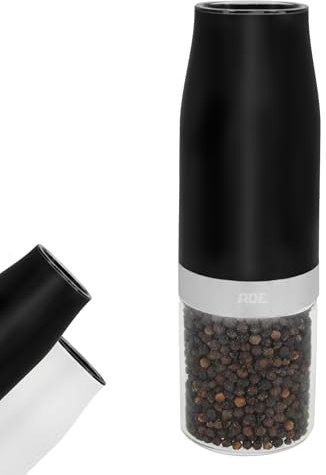ADE Macina pepe o sale elettrico | saliera da tavolo con macinino in ceramica | macinapepe regolabile in continuo | macina spezie per sale grosso, peperoncino, erbe secche | con illuminazione | nero