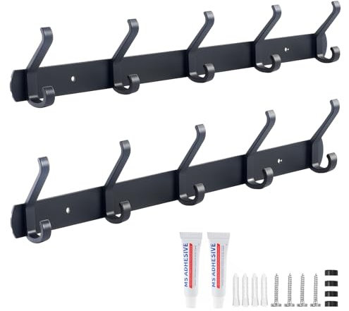 Galerie SV Kleiderhaken Wand, 2 Stück Garderobenhaken mit 5 Haken, Kleiderhaken Metall, Hakenleiste Garderobe für Schlafzimmer Bad Küche Garderobe Garderobenleiste Wandgarderobe (Schwarz)