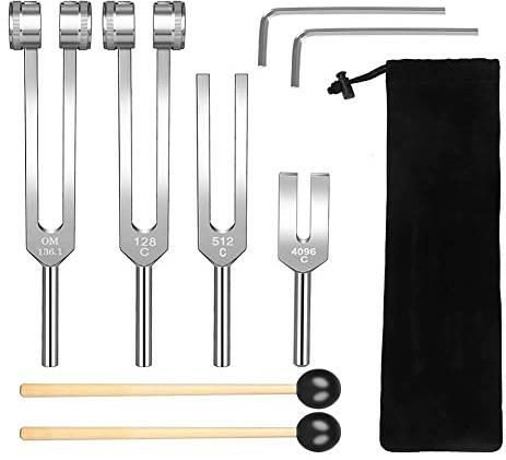 Cetfuro Stimmgabel-Set (128Hz, 136,1Hz, 512Hz,4096Hz) Von Stimmgabeln mit Reflexhammer für die Heilung Von Chakra-Set Healing Musical