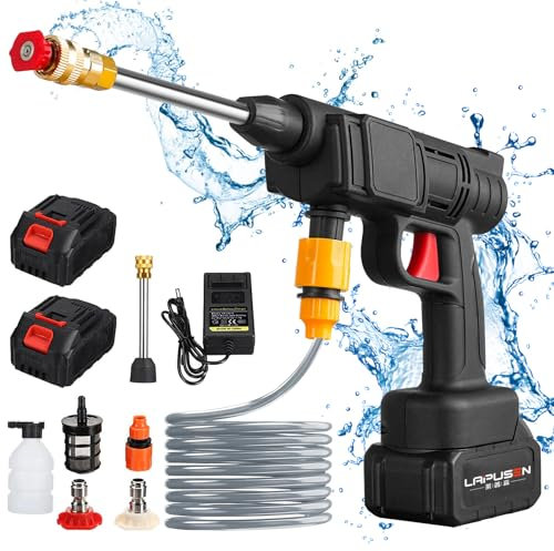 Nettoyeur Haute Pression sans Fil 30Bar, Nettoyeur Haute Pression sur Batterie 6000mAh, avec Chargeur et Tuyau de 5M, 435 PSI Pistolet à Eau Haute Pression pour Jardin et Voiture (2× Batteries)