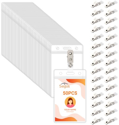 Segus Portatarjetas Identificación con Clip, 50 Piezas Soportes de Plástico Transparente con Clips de Metal, Transparente e Impermeable, para Negocios, Oficinas, Escuelas (Vertical)