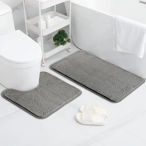 AUAUY Badematte 2er Set, Weicher Mikrofaser Badezimmerteppich, rutschfest & Wasserabsorbierend Sockel Badematte und U-Form Bad Toilette Teppich, 50x80 cm Badteppich & 50x40 cm WC Vorleger (Grau)
