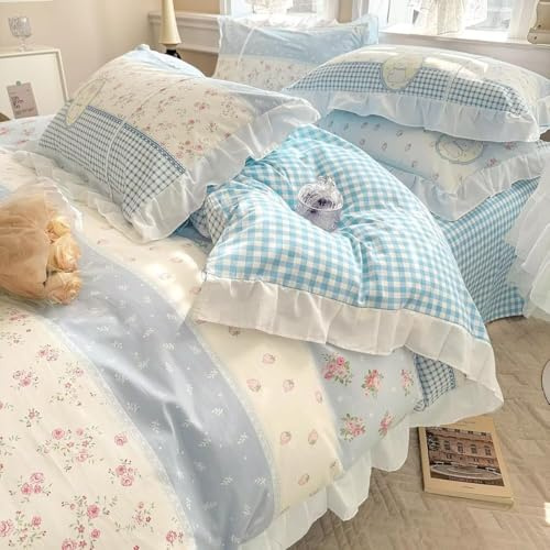 AMZTOP Pink Floral Duvet Cover Full with White Ruffles Reversible Blue Plaid Duvet Cover with Zipper Ties 100% Cotton Cute Rabbits Comforter Cover with 2 Pillow Shams, Full 80 * 90”