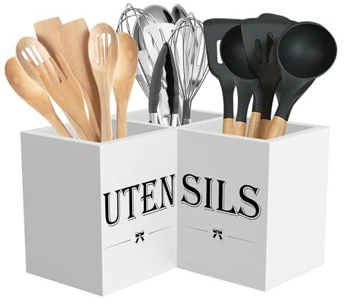 Suli Soporte extra grande para utensilios de cocina con 3 compartimentos, organizador de utensilios de esquina para encimera, organizador de utensilios de madera para encimera de cocina, Blanco
