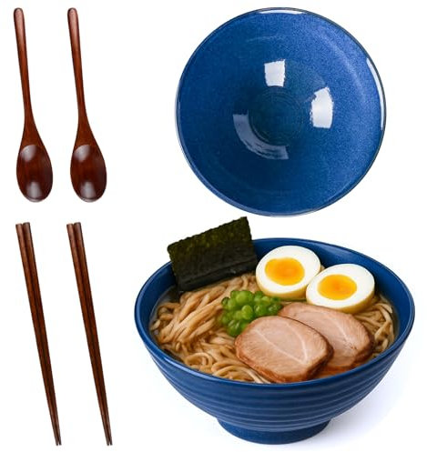 Aulivra 1200ml Ceramic Ramen Bowl Set of 2, 34 Oz with Wooden Chopsticks, Spoons - Japanese Large Ramen Bowl for Soup Salad Pho Cereal Pasta-Microwave & Dishwasher Safe - Gift Collection (Blue)