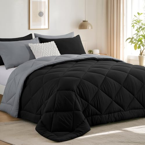 RUIKASI Coverless Duvet Super King Size 10.5 Tog - Reversible Comforter with 2 Pillowcases, 260x220cm Quilt Lightweight and Warm All Season, Black and Grey