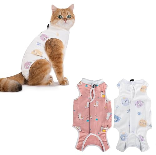 GIEEU 2 Pack Cat Recovery Suit - Post-Surgery Protective Bodysuit for Cats,Cat Vest after Surgery Female,Recovery Suit Female Abdominal Wounds, Size M (2~4KG Cat)