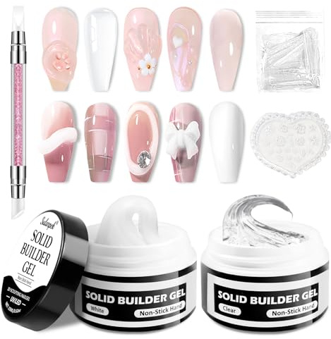 Sularpek 2x15ml Solid Builder Gel, Gel Nägel Set, Aufbaugel für Gelnägel, Acrylgel für Nägel, Builder Gels für Nägels, Non Stick Nagelkleber, 3D Gels Nail Art, Weiß/Klar
