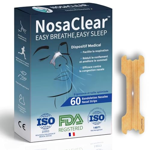 NosaClear Bandelettes nasales antironflement puissantes – Dilatateur nasal médical – Réduit le ronflement et la congestion – Allergie au sommeil sportif – Lot de 60 – Sans
