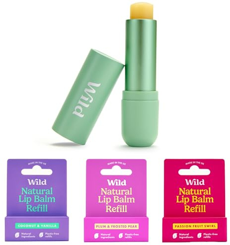 Wild Kit de Inicio Bálsamo Labial Recargable Natural - Incluye Estuche de Aluminio Verde Salvia & Paquete de 3 Recambios de Bálsamo Labial - Incluye Coconut & Vanilla, Plum y Passionfruit Swirl