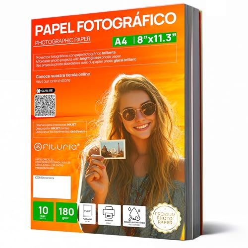 OFITURIA Papier Photo A4 Brillant – Haute Résolution, Séchage Instantané, 180 g/m², Compatible avec Imprimantes Jet d’Encre – 10 feuilles