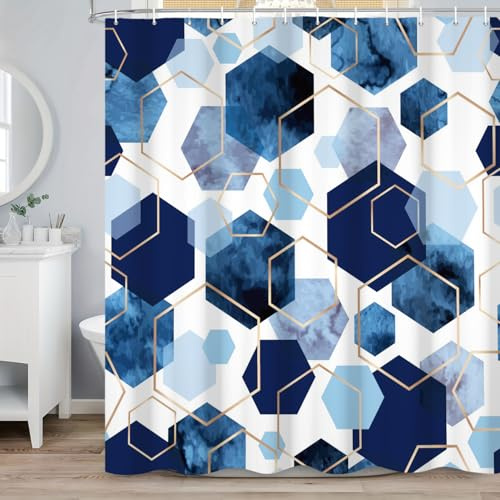 ASDCXZ Blau Duschvorhang 180x200 cm, Moderne Abstrakt Kunst Geometrisch Blau Gold Hexagon Muster Wasserdicht Badvorhang Polyester Textil Waschbar Duschvorhänge für Badewanne mit 12 Haken