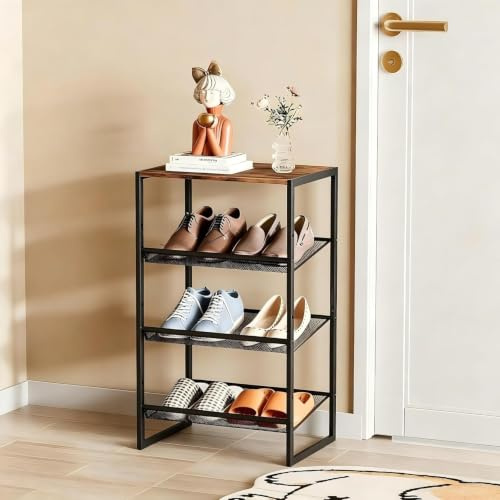 Huhote Schuhregal 4 Ebenen, Schuhständer Metall, Schuhregal Klein, Schuh-Organizer, Schuhaufbewahrung Platzsparend, Schuhablage für Eingangsbereich, Korridore, Ecke, Wohnzimmer, Vintagebraun