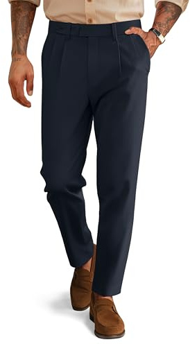 PJ PAUL JONES - Pantaloni da uomo, pieghe a sbuffo, stile napoletano, con vita estesa, pantaloni da cerimonia, casual, slim, blu navy, L