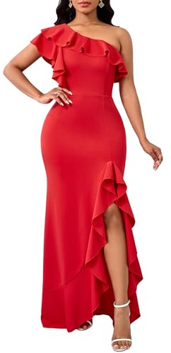 VERWIN One Shoulder Bodycon Ruffle Split Sleeveless Floor Length Prom Party Cocktail Maxi Dress L Red