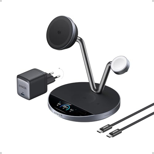 Anker Prime 3-i-1-laddningsstation, Qi2 25W, MagSafe-kompatibel | MagSafe-kompatibel, 25W Qi2-certifierad, smart display, TEC-aktiv kylning, för iPhone 17, Apple Watch, AirPods med flera