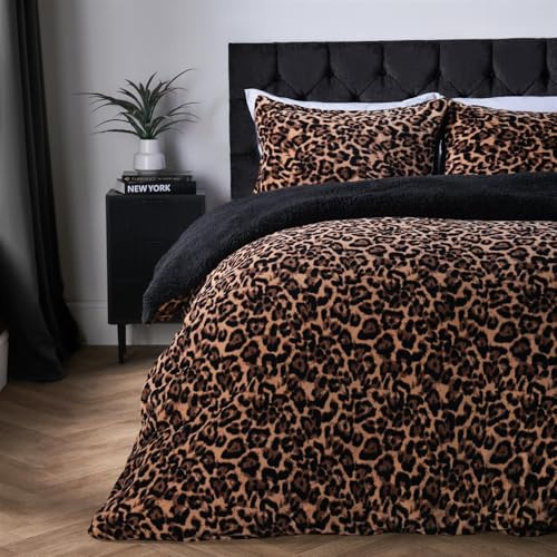 OHS Fleece Duvet Cover King Size, Leopard Print Autumn Winter Bedding Set Ultra Soft Warm Cosy Sherpa Reversible King Size Duvet Cover Set with Pillowcases, Natural